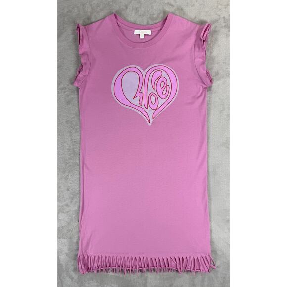 Chloé Other - Chloe Girls Pink Logo Heart Fringe Hem Dress Size 10 Luxury Designer Cotton